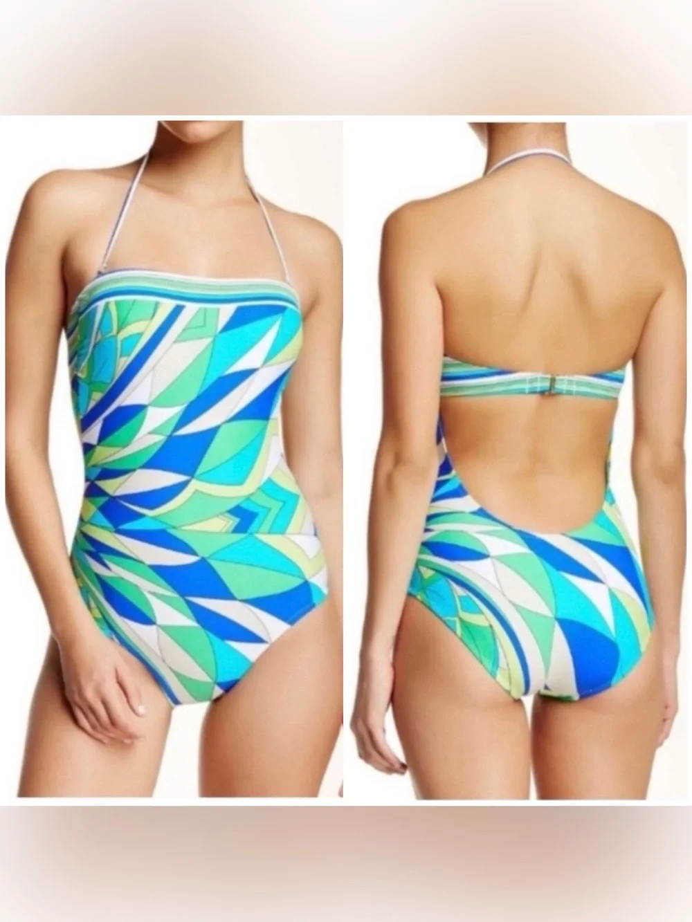Trina Turk One Piece Swimsuit with Halter Top in Fiji Feather Size 6 Abstract